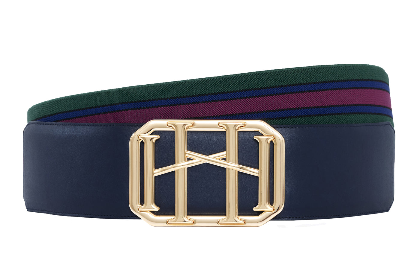 Icon Equestrian Belt - Navy Leather with Hunter Green, Navy and Magenta Stripe - RM